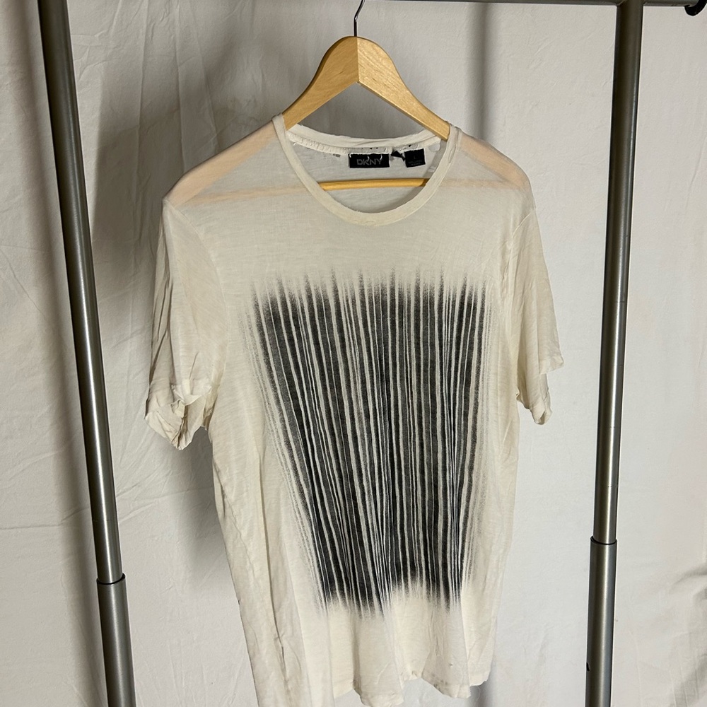 DKNY Unisex (Men’s size L) White T-Shirt with Black Stripe Design